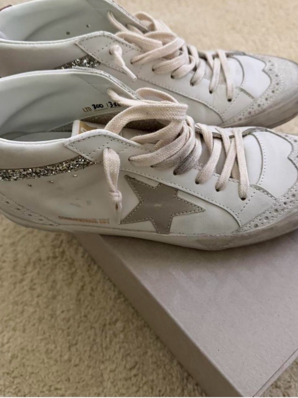Golden Goose White Leather Sneakers with Silver Star & Glitter Heel